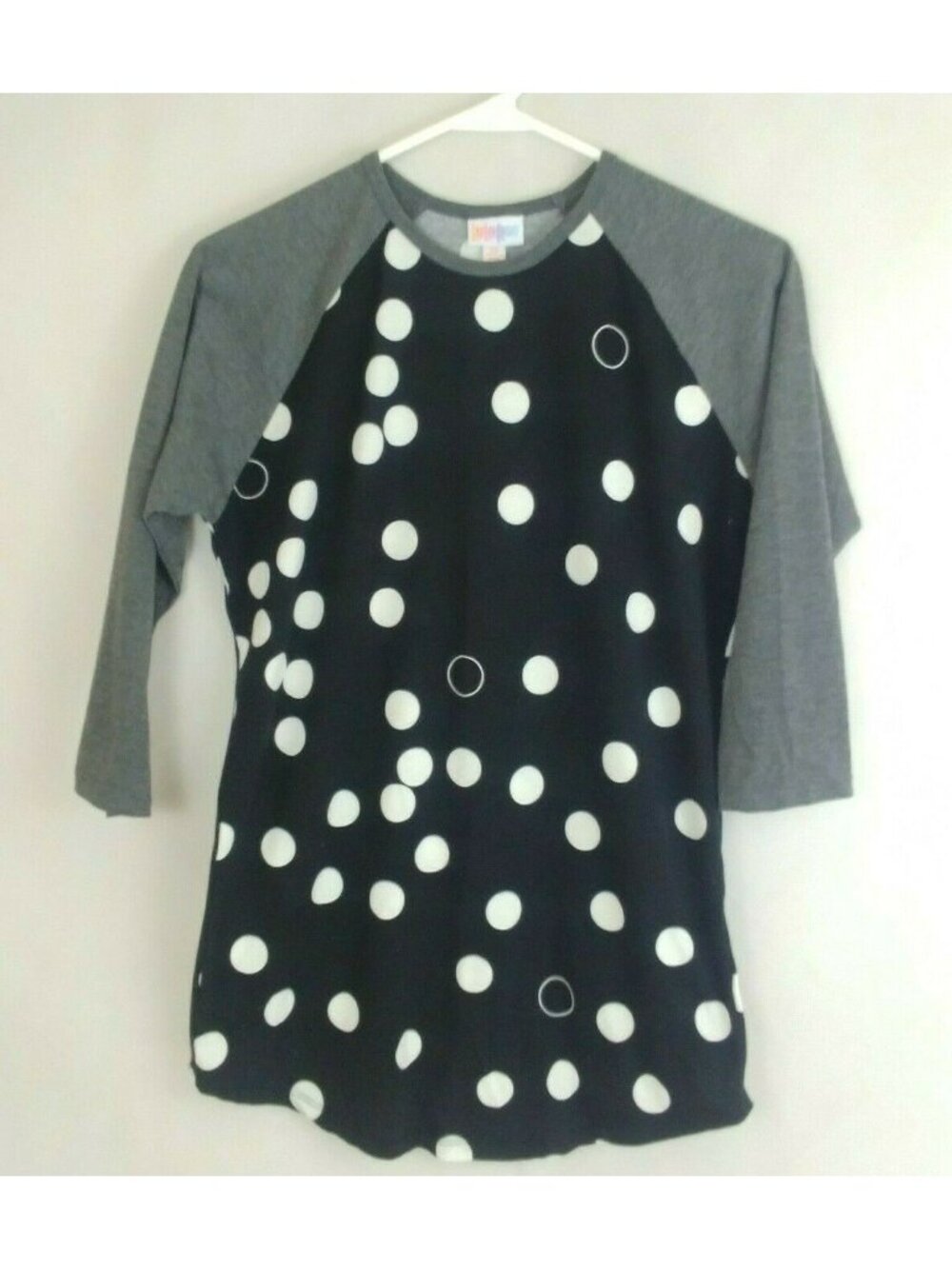 LuLaRoe Randy Shirt Black With White Polka Dots & Gray Sleeves Size XS